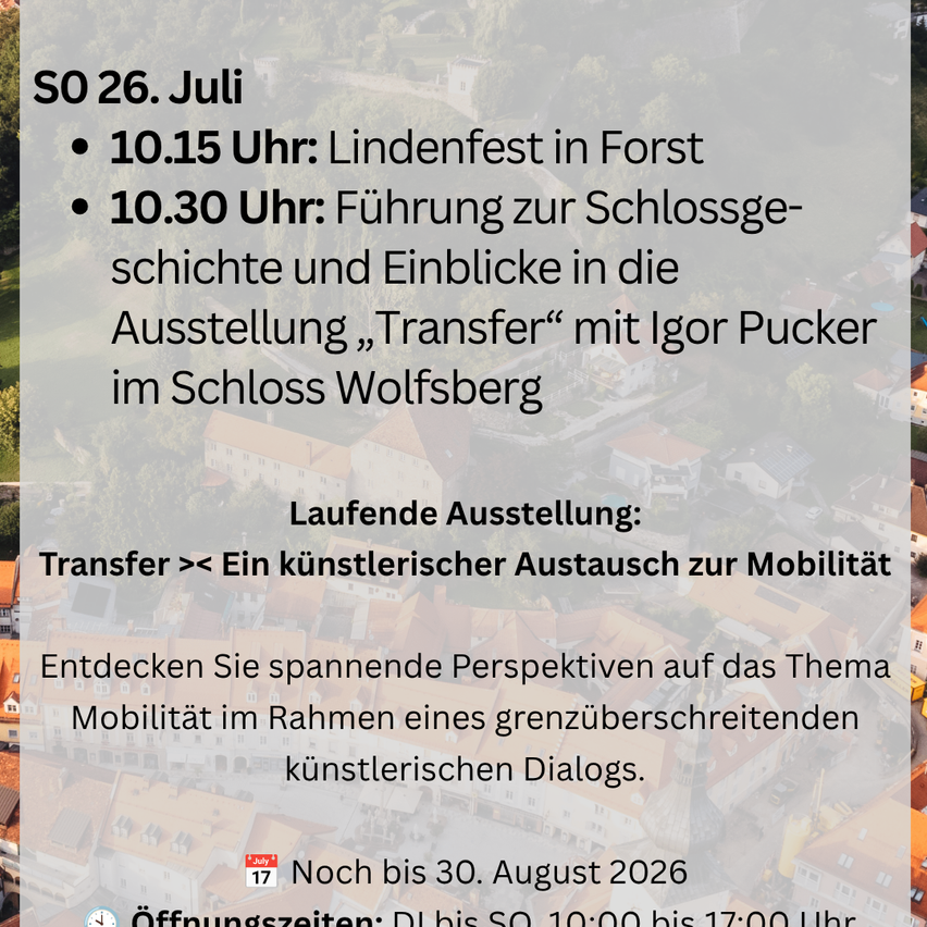 A poster advertising an art exhibition titled 'Transfer' at Schloss Wolfsberg, featuring events like a Lindenfest and guided tours. The exhibition explores mobility through artistic dialogue.
