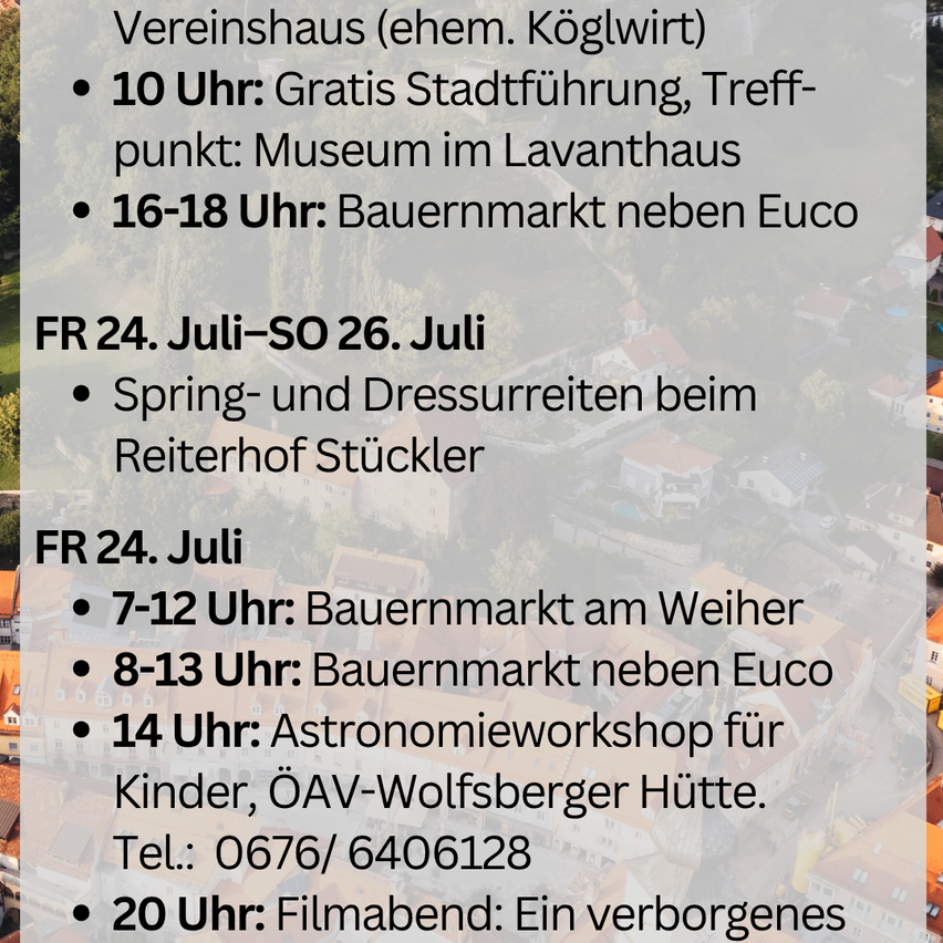 A poster advertises events in a town, including a free city tour, a farmers' market, horse riding events, and an astronomy workshop for children. The poster features a blurred image of a town with buildings and trees.
