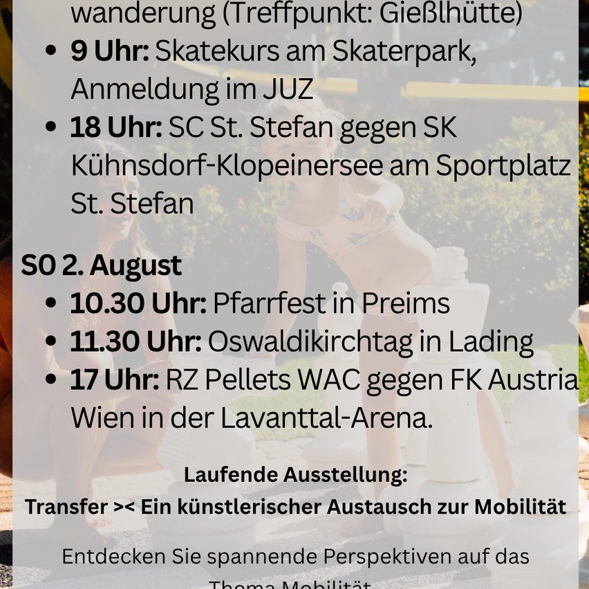 Ein Plakat mit einem Zeitplan von Veranstaltungen, einschließlich eines Skateboard-Events um 9 Uhr, eines Fußballspiels um 18 Uhr und eines Festivals in Preims um 10:30 Uhr.