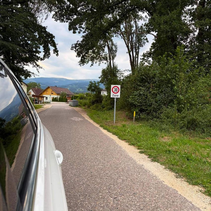 Ein Blick aus dem Autofenster auf eine Straße mit einem Geschwindigkeitsbegrenzungsschild von 30 km/h. Die Straße ist von Grünflächen und Häusern umgeben.
