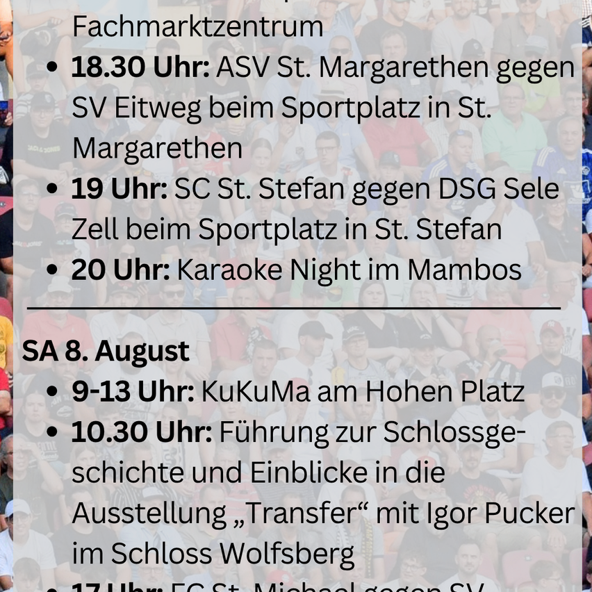 A poster with a schedule of events at a local sports center. Events include soccer matches and a karaoke night.