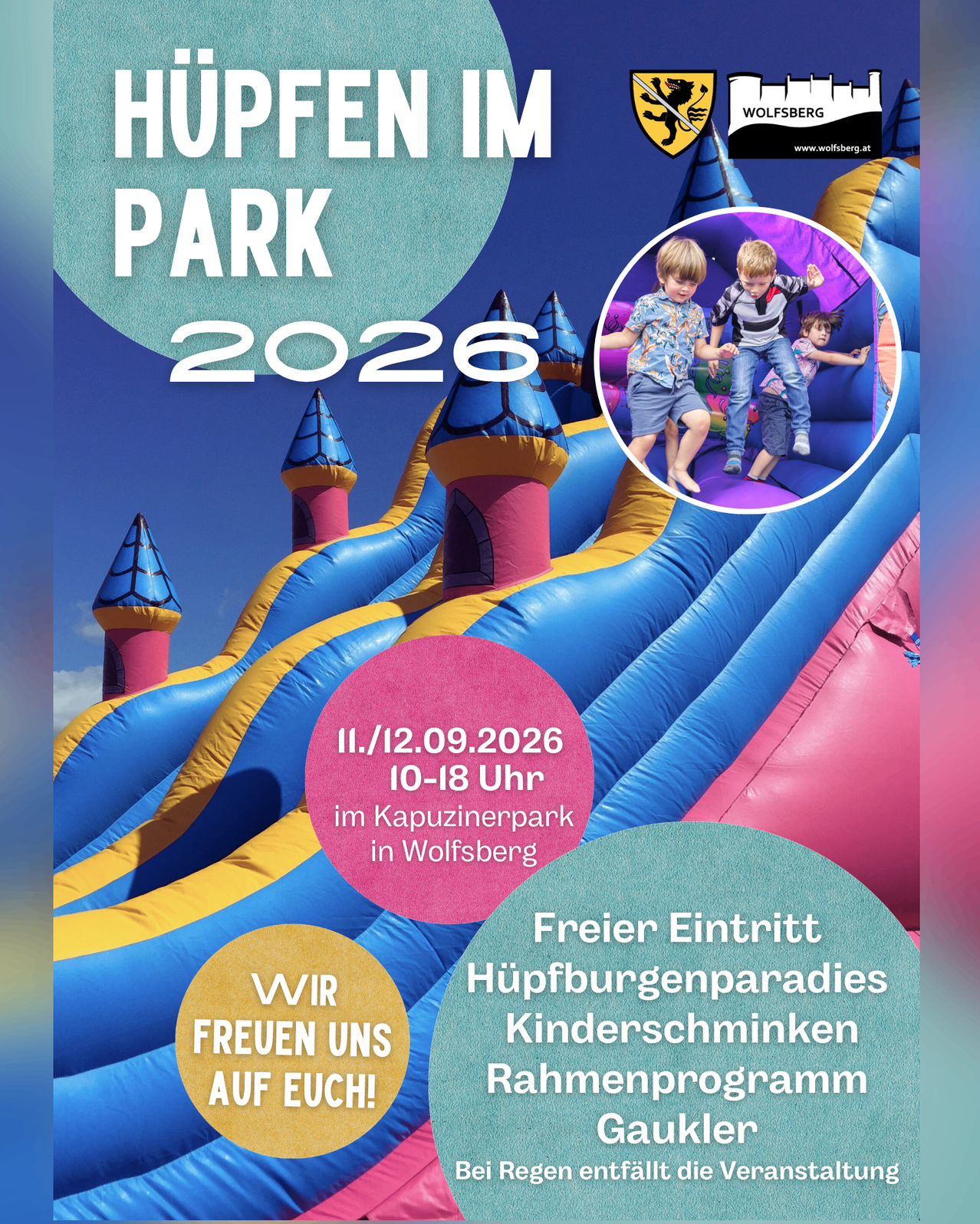 A poster for a children's event in 2026, featuring an inflatable castle with kids playing inside. The event is scheduled for September 11th and 12th, from 10 AM to 6 PM, in Kapuzinerpark, Wolfsberg. Free entry is advertised, along with a children's program.