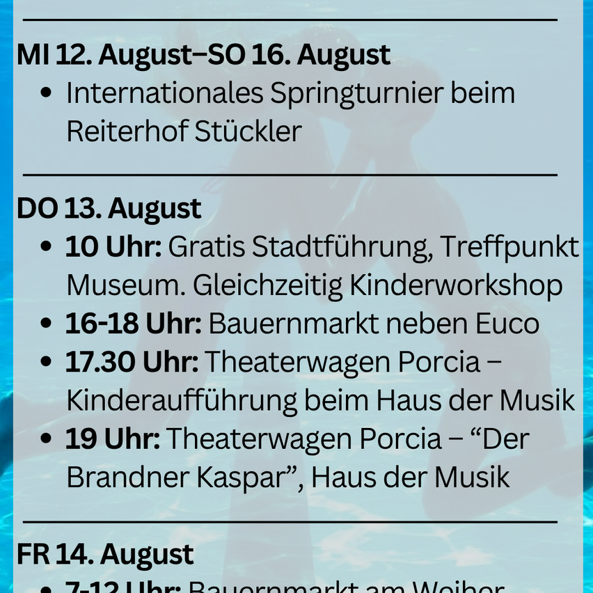 A schedule for events from August 12 to August 16, including an international jumping tournament, a free city tour, a children's workshop, a farmers' market, and theater performances.