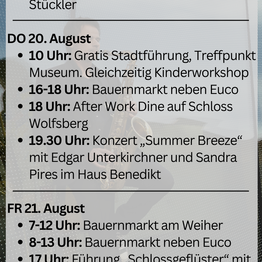 Event schedule for August 20th and 21st featuring a free city tour, workshops, markets, and a concert.