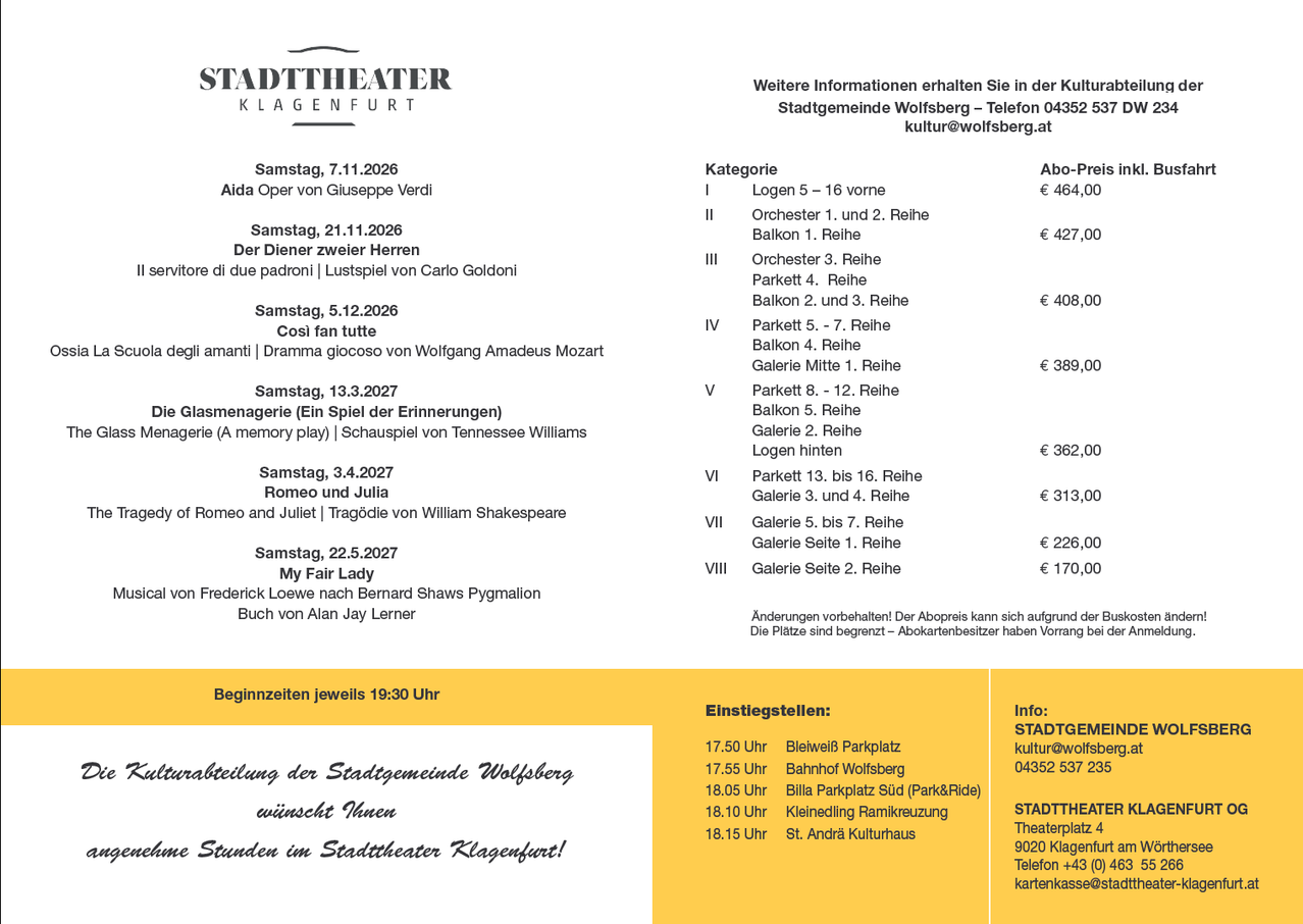 A poster for the Stadttheater Klagenfurt with a schedule of upcoming performances, including dates, titles, and ticket prices. The poster also includes information about the location and contact details for the theater.