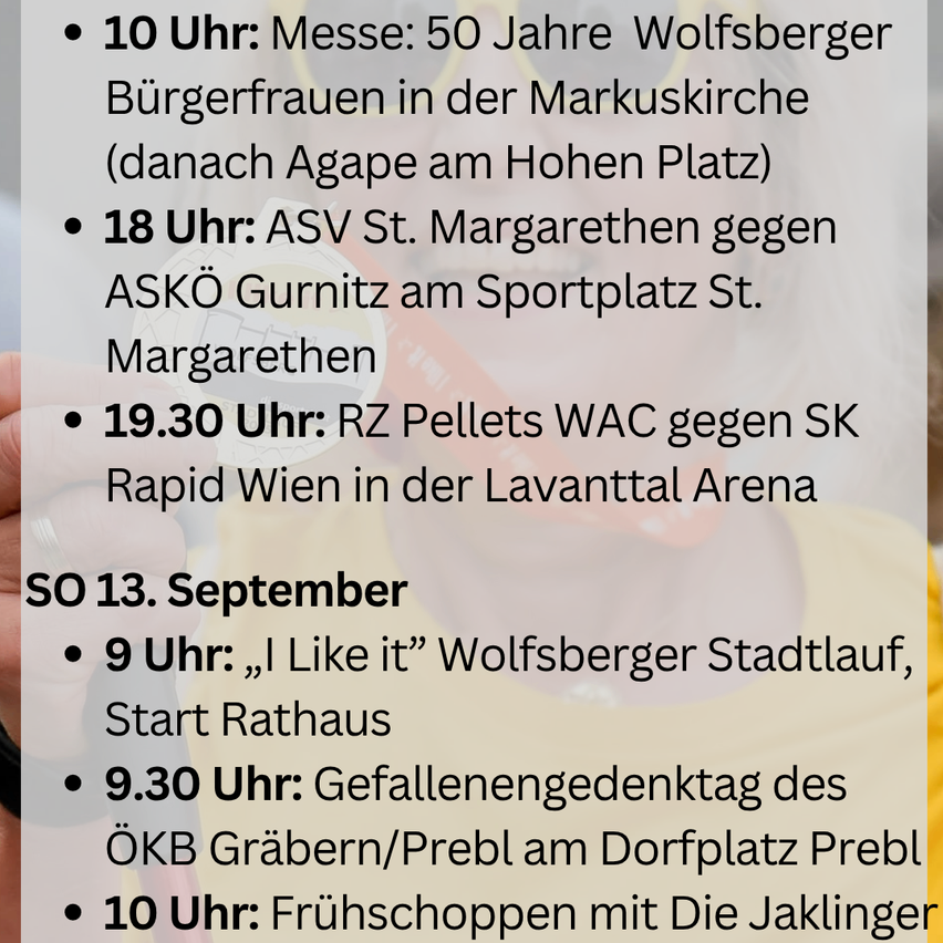 Ein Plakat mit verschiedenen Veranstaltungen am 13. September, darunter eine Messe, Sportspiele und ein Stadtlauf.