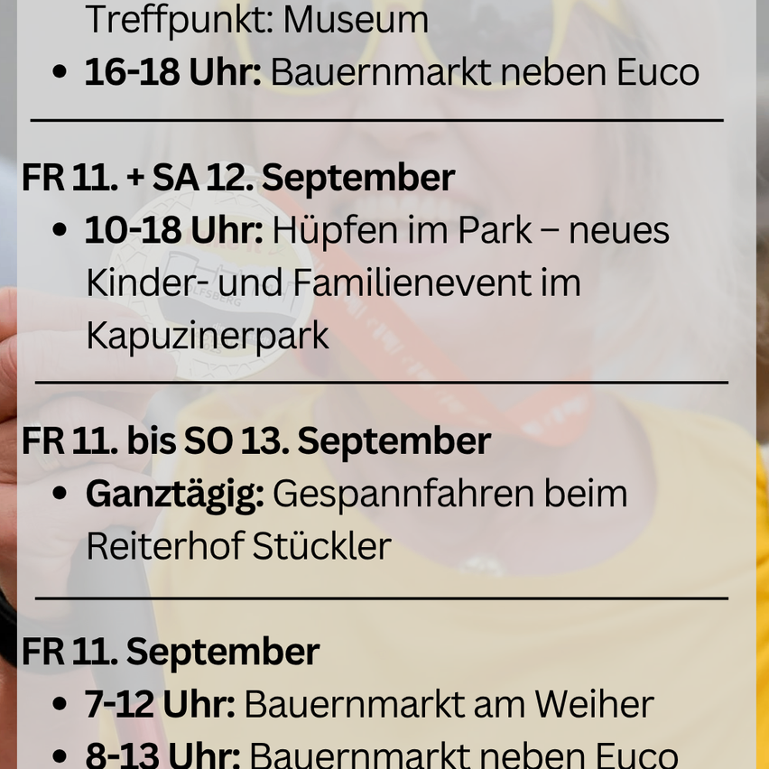 Veranstaltungsplan für den 11.-13. September, einschließlich Bauernmärkte, Fahrten und ein Kinderevent.