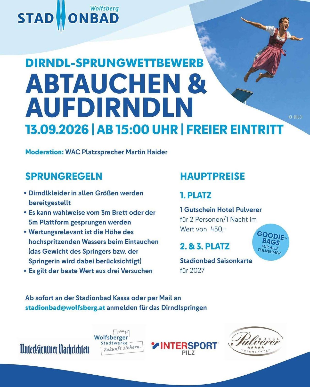 Plakat für einen Sprungwettbewerb auf einem Berg, mit einer Frau, die von einer Plattform springt. Die Veranstaltung findet am 13. September 2026 um 15 Uhr statt. Das Plakat enthält Regeln, Preise und Kontaktinformationen.