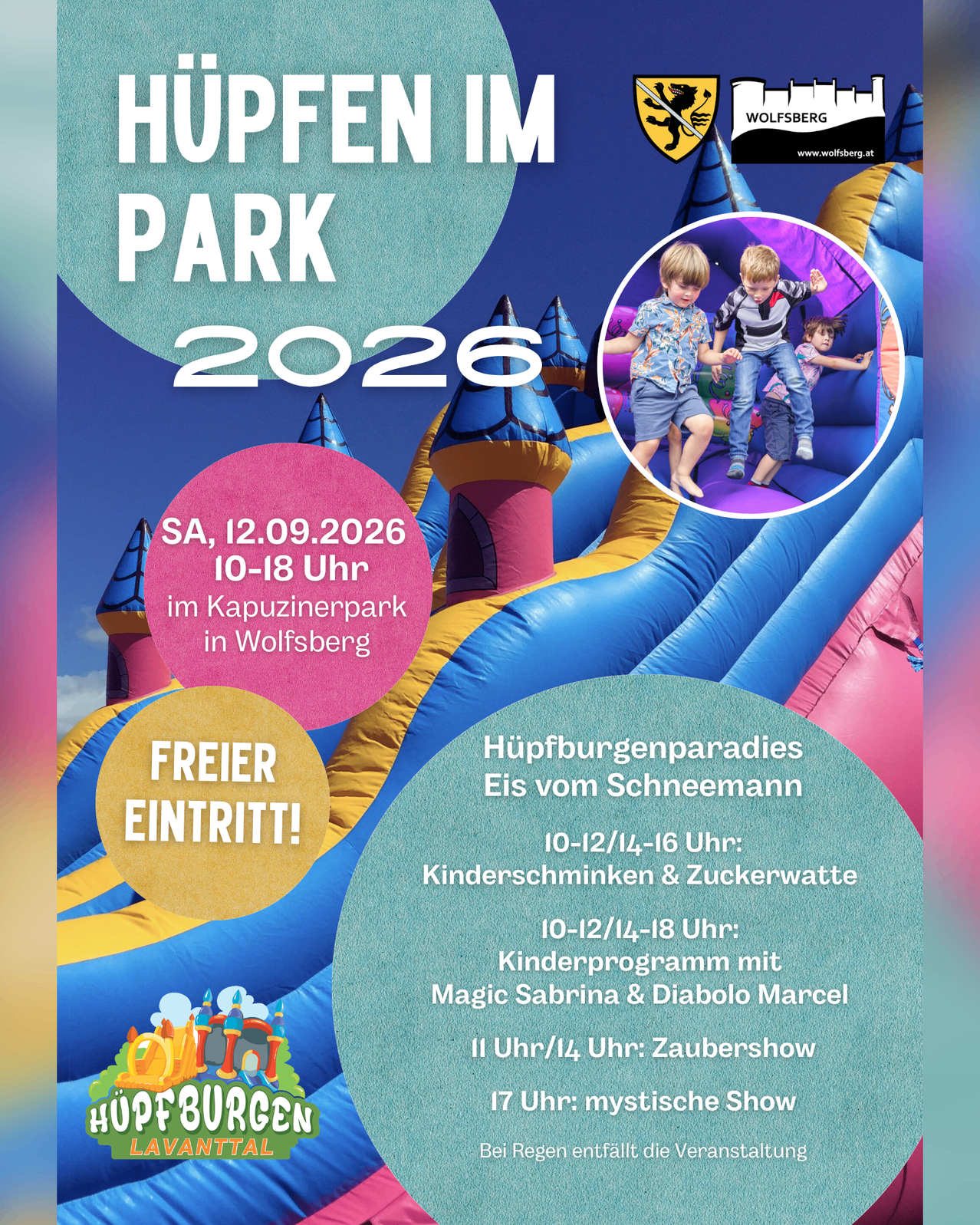 Plakat für eine Kinderveranstaltung in Wolfsberg mit Hüpfburgen und verschiedenen Aktivitäten. Die Veranstaltung trägt den Titel 'Hoppen im Park 2026' und beinhaltet einen freien Eintritt. Zu den Aktivitäten gehören ein Zuckerwatte-Mann, Eisskulpturen und eine Zaubershow.