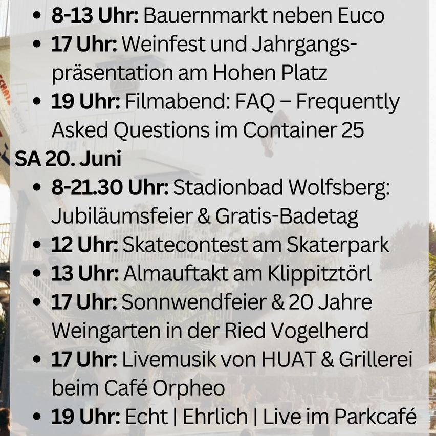 Veranstaltungen umfassen einen Bauernmarkt, Weinfest, Filmabend mit Q&A und mehr. Aktivitäten beinhalten einen Skateboard-Wettbewerb, Live-Musik und ein Geburtstagsfest mit kostenlosem Schwimmen.
