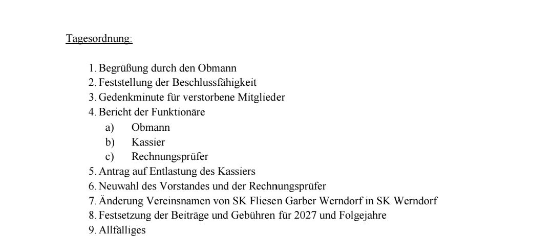 Eine formelle Einladung zur Jahreshauptversammlung, datiert auf den 13. August 2026, um 18:30 Uhr, in der SKW Kantine, 8402 Werndorf, am Sportplatz 4. Die Tagesordnung umfasst die Begrüßung, Genehmigung der letzten Versammlung, Funktionsberichte, Kassenbericht, Wirtschaftsprüferbericht, Entlastung des Kassiers, Vorschlag neuer Mitglieder, Änderung des Versammlungsnamens, Festsetzung der Beiträge und Gebühren für 2027 und Folgejahre sowie allgemeine Geschäfte.
