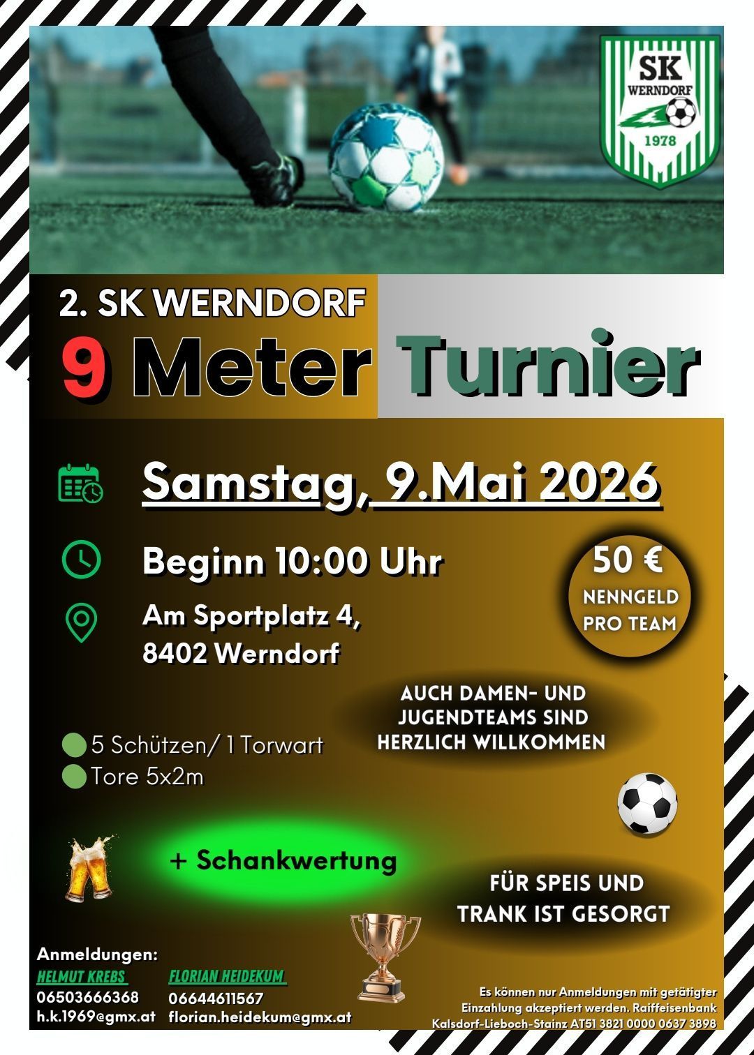 A soccer tournament poster for SK Werndorf with a player kicking a ball. The event is on Saturday, May 9, 2026, starting at 10:00 AM. The fee is 50 Euros.