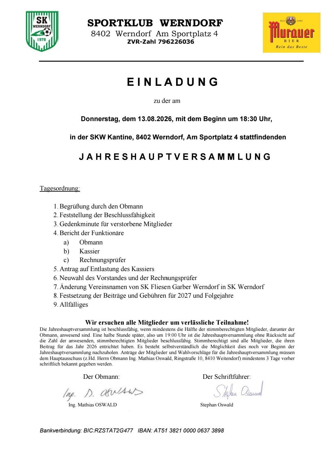Ein Dokument mit dem Titel 'EINLADUNG' kündigt eine Jahreshauptversammlung am 13. August 2026 um 18:30 Uhr in der SKW Kantine, 8402 Wendorf, Sportplatz 4 an. Die Tagesordnung umfasst die Begrüßung durch den Vorsitzenden, die Vorlage des Jahresberichts, die Niederschrift der letzten Versammlung, den Funktionsbericht, den Kassenbericht und die Beitragsfestsetzung für 2027 und die Folgejahre. Alle Mitglieder sind eingeladen teilzunehmen.