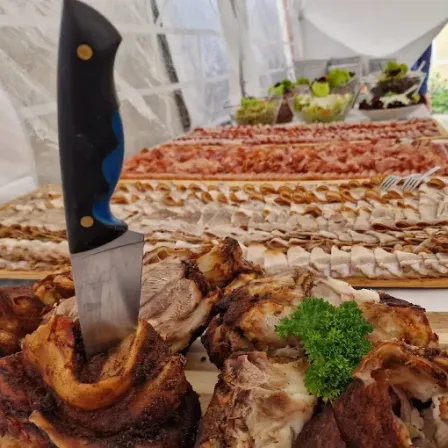 Ein Tisch mit verschiedenen Fleischsorten, darunter Scheiben von gepökeltem Fleisch, gebratenen Fleischstücken und einem Messer mit blauem Griff auf einem Knochen.