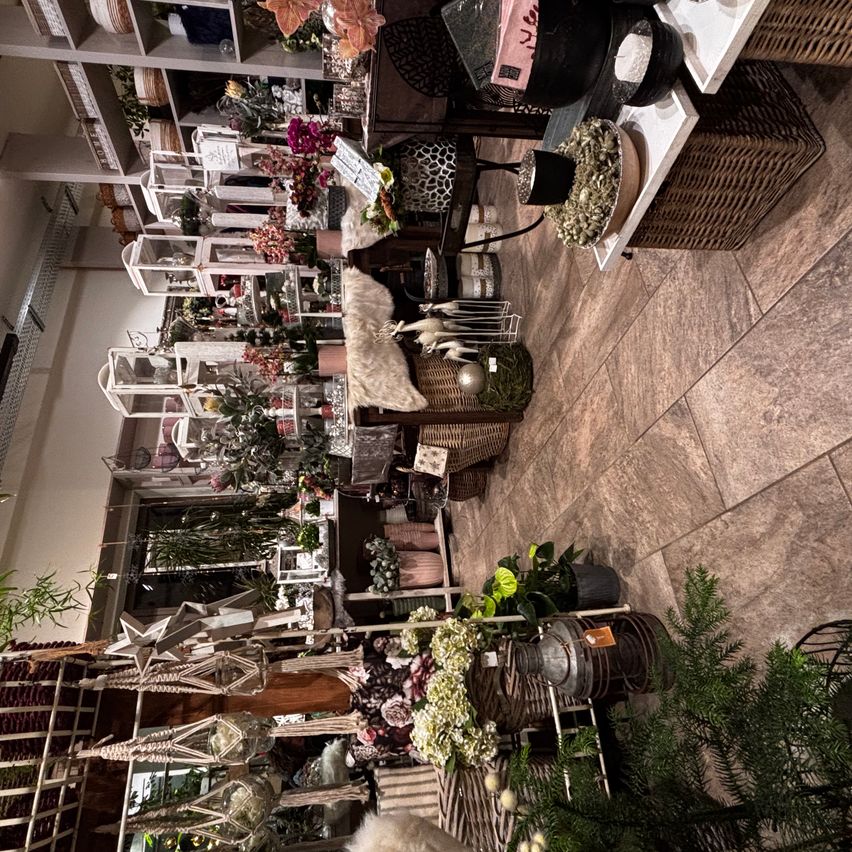 Ein Blick von oben auf einen Laden mit vielen ausgestellten Artikeln. Die Artikel umfassen Blumen, Pflanzen und Dekorationsgegenstände. Körbe, Laternen und andere Gegenstände stehen auf dem Boden.