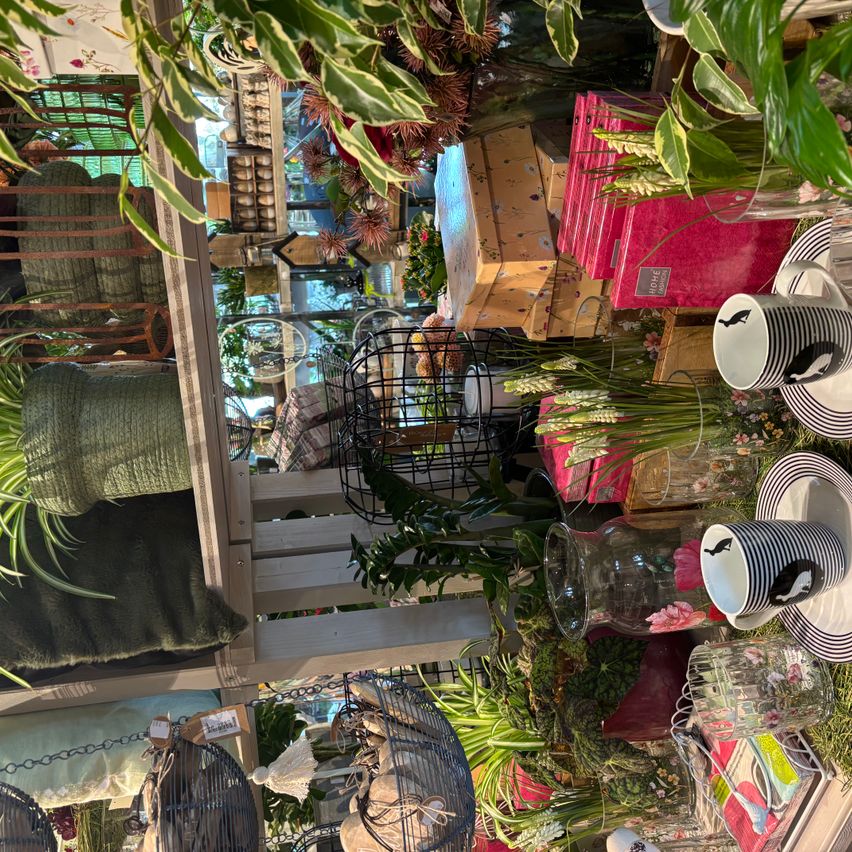 Ein Blick von oben auf ein Geschäft voller verschiedener Artikel, einschließlich Tassen, Teller, Schachteln, Pflanzen und Dekorationsgegenstände. Die Artikel sind auf Regalen und Tischen angeordnet.