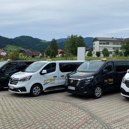 Mehrere Taxis sind in einer Reihe geparkt, mit einer Kulisse aus Bergen, Häusern und Bäumen. Zwei Taxis sind weiß, eines ist schwarz und eines ist teilweise rechts sichtbar.