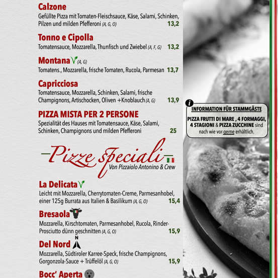 Menü mit verschiedenen Pizzen, einschließlich Calzone, Tonno e Cipolla, Montana, Capricciosa und mehr. Spezial gemischte Pizza für zwei.