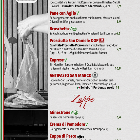 Eine Speisekarte mit Focaccia, Bruschetta, Prosciutto, Caprese, Antipasto, Minestrone, Tomatencremesuppe und Fischsuppe.