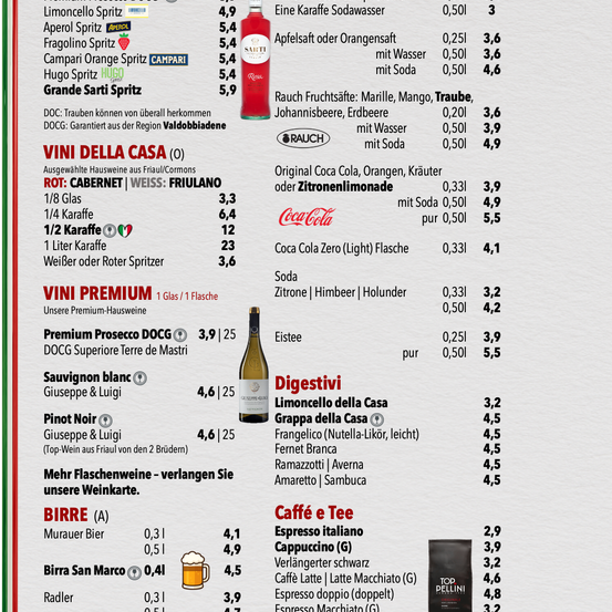 Menü mit Getränken und Weinen. Preise in Euro. Trauben- und Orangensäfte, Limonaden, Fruchtsäfte, Biere und Weine aufgeführt. Die Preise reichen von 0,31 bis 5,5.
