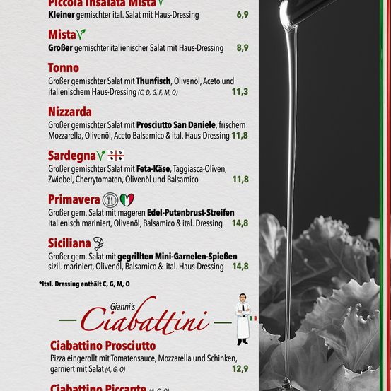 Das Menü bietet verschiedene italienische Salate mit Prosciutto, Mozzarella, Oliven und Dressings. Ebenfalls Ciabatta mit Prosciutto und Piccante-Optionen. Preise aufgeführt.