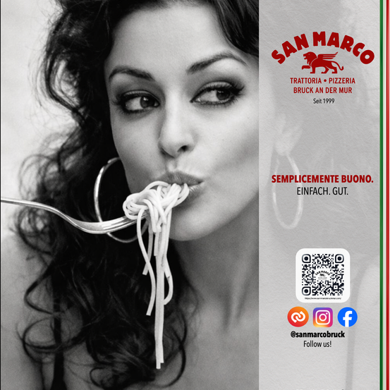 Eine Frau isst Spaghetti mit einer Gabel, ein Restaurantlogo und ein QR-Code sind auf der rechten Seite. Der Text lautet San Marco und EINFACH. GUT.