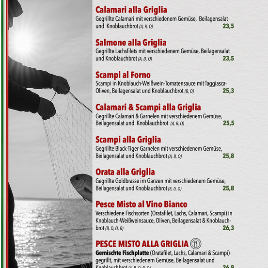 Ein Bild einer Fischerszene. Verschiedene Meeresfrüchtegerichte sind aufgelistet mit Preisen, einschließlich Calamari, Lachs, Garnelen und gemischte Meeresfrüchteplatten.