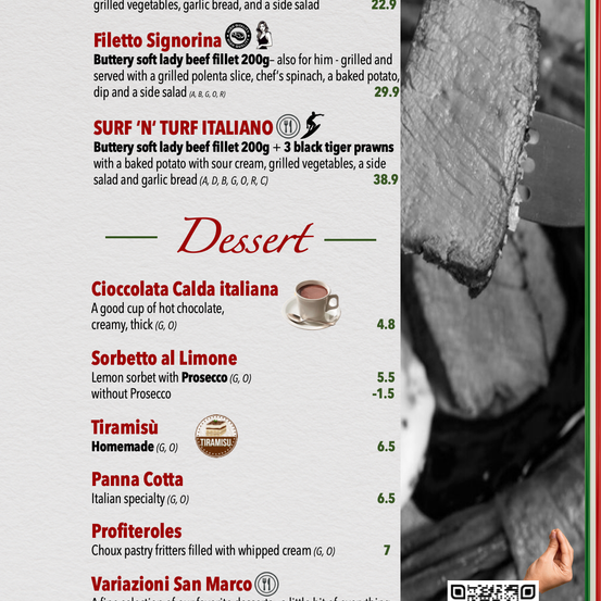 Ein Menü bietet Rinderfilet, schwarze Tigergarnelen, Zitronensorbet und italienische Desserts an. Gegrillte und gebackene Kartoffeloptionen. QR-Code für das Menü.
