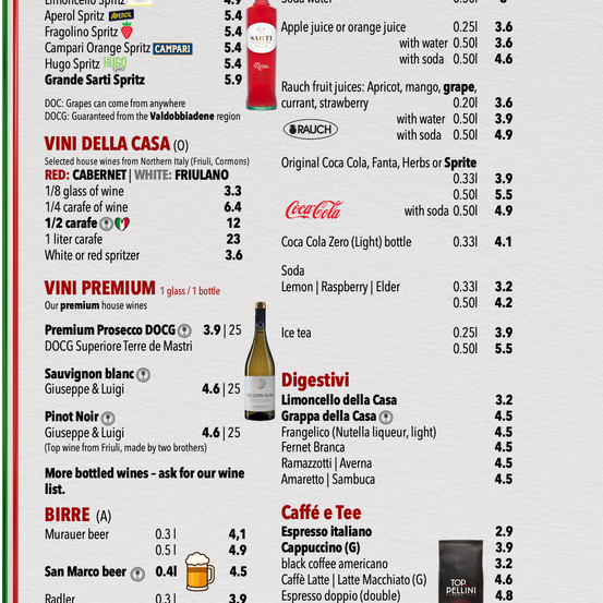 Ein Wein- und Spirituosenmenü aus einem norditalienischen Restaurant. Weine umfassen Sauvignon Blanc, Pinot Noir und mehr. Spirituosen umfassen Aperol Spritz, Campari Orange Spritz und mehr.