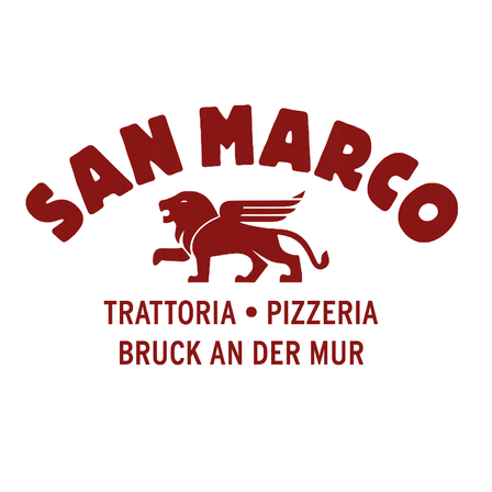 Das San Marco Logo zeigt einen roten Löwen mit Flügeln, über dem Text 'TRATTORIA PIZZERIA BRUCK AN DER MUR'.