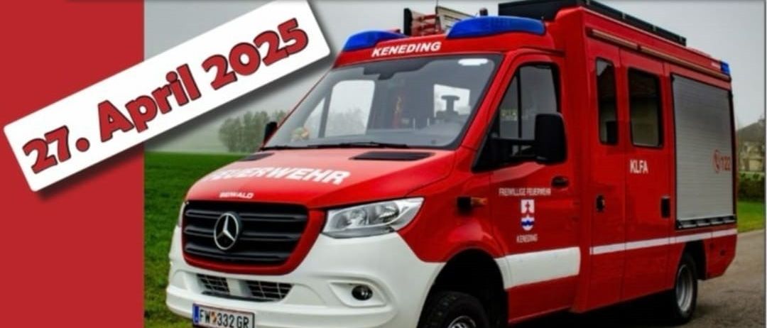 Plakat für eine Fahrzeugvorführungsveranstaltung mit einem roten Feuerwehrauto, mit dem Datum 27. April 2025 und einem Zeitplan für die Veranstaltung im Gemeindezentrum Taufkirchen/Tr.