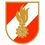 Freiwillige Feuerwehr Keneding-Logo. Ein Schildemblem zeigt eine Flamme über einem Zahnrad auf rotem und weißem Streifenhintergrund. Das Design ist in einem goldenen Rand eingefasst.