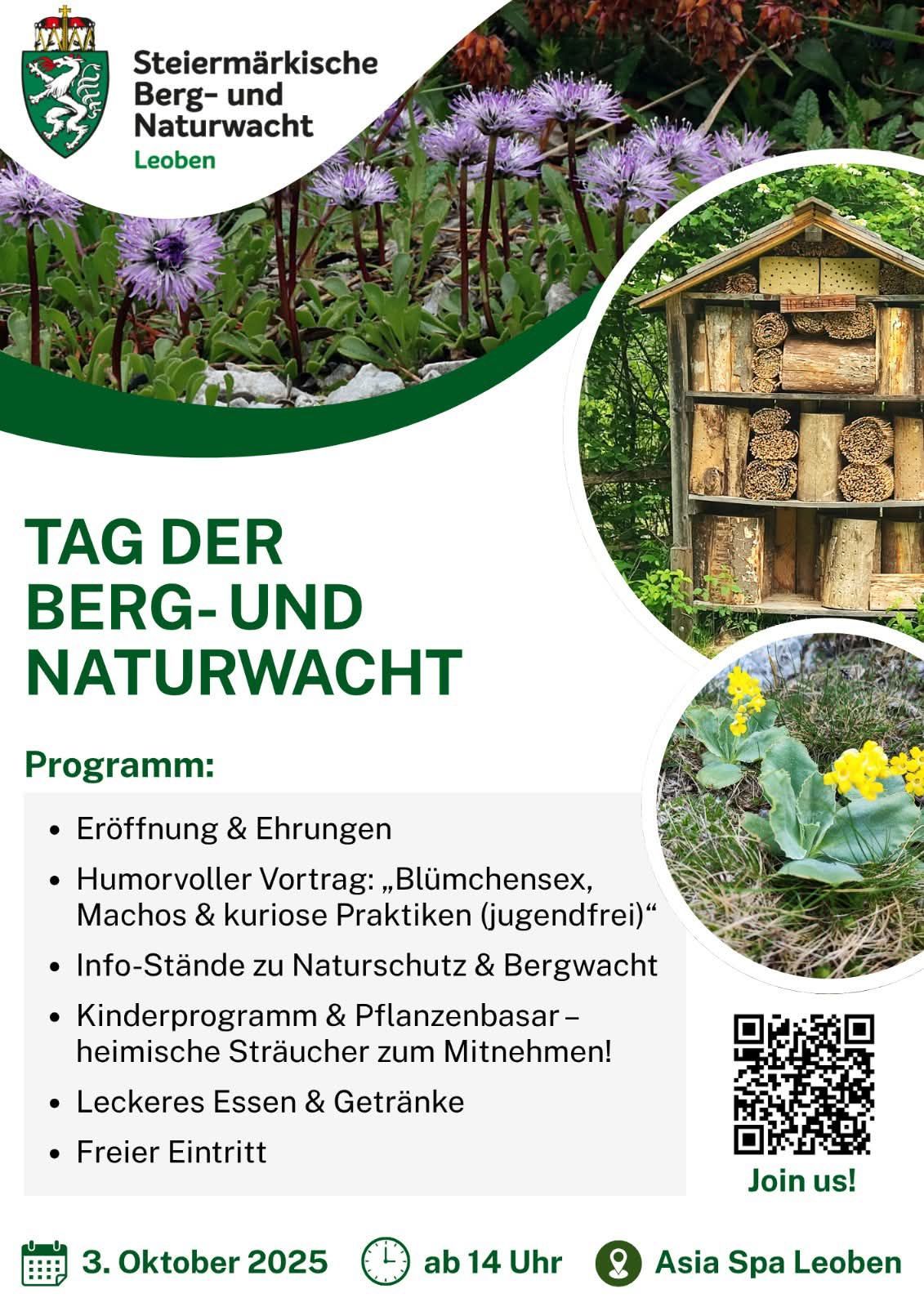 Ein Plakat für den 'Tag der Berg- und Naturwache' zeigt ein Bienenhaus und Blumen. Das Programm umfasst Eröffnungen, humorvolle Vorträge, Infostände, ein Kinderprogramm und Erfrischungen.