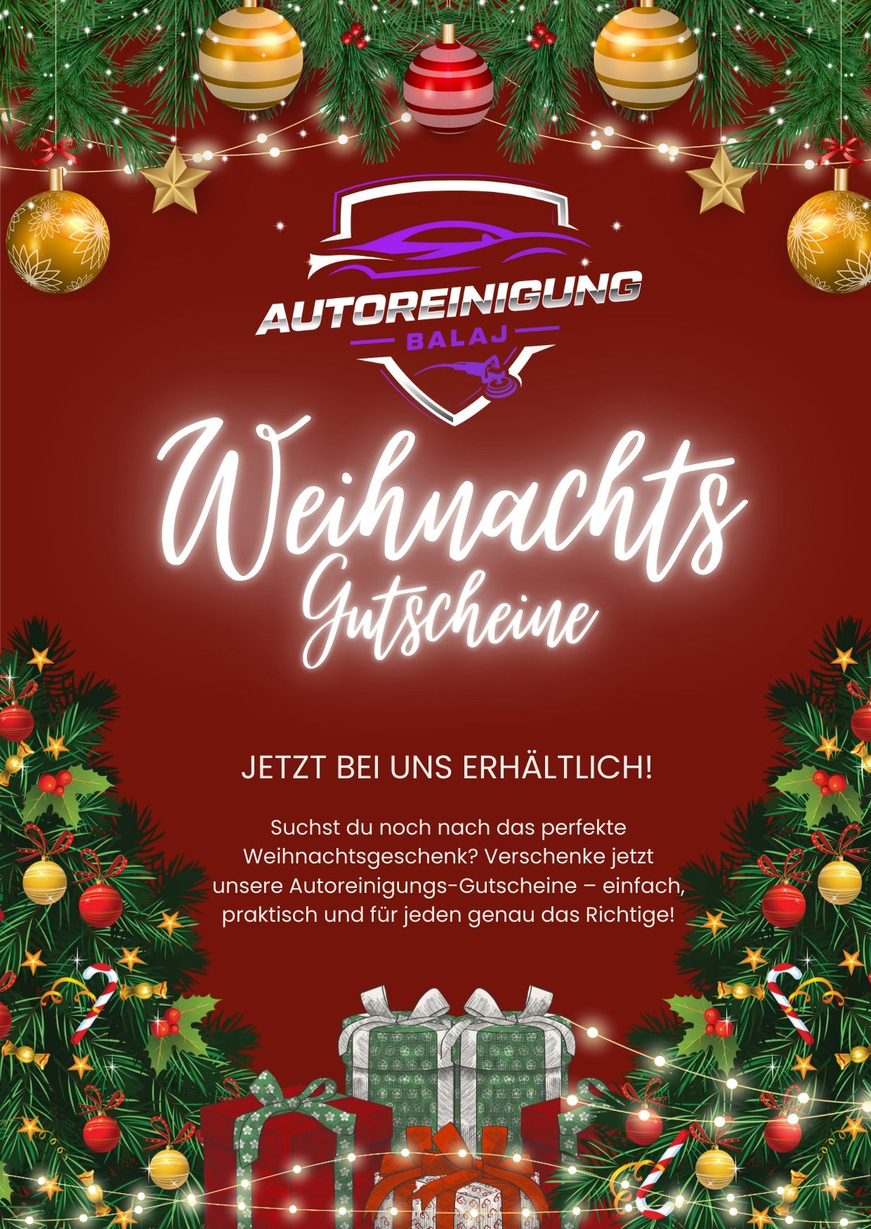 Ein roter, weihnachtlich gestalteter Werbeanzeige für Autoreinigung Balaj. Es zeigt ein Autologo und präsentiert die Idee von Weihnachtsgutscheinen für Autoreinigungsdienste. Der Hintergrund ist mit Weihnachtsbäumen und Ornamenten geschmückt.