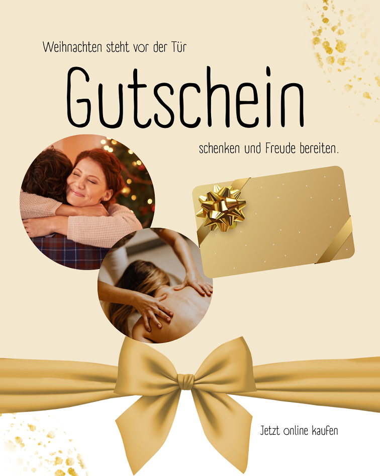 Ein Werbebild für einen Geschenkgutschein, das eine Mutter und ein Kind beim Umarmen, einen Geschenkgutschein und eine Massageszene zeigt. Der Text lautet 'Weihnachten stehen vor der Tür Gutschein schenken und Freude bereiten.'