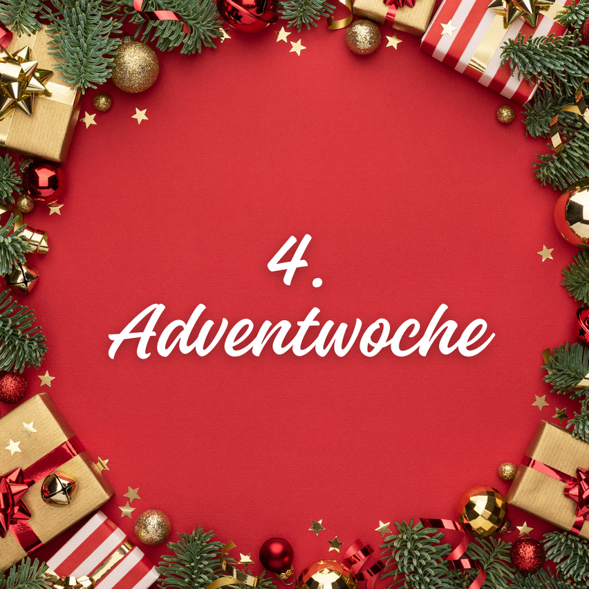 Ein festlicher roter Hintergrund mit verschiedenen Weihnachtsdekorationen. Die Dekorationen umfassen Geschenkboxen, Weihnachtskugeln, Sterne und Bänder. Der Text '4. Adventwoche' steht in Weiß.