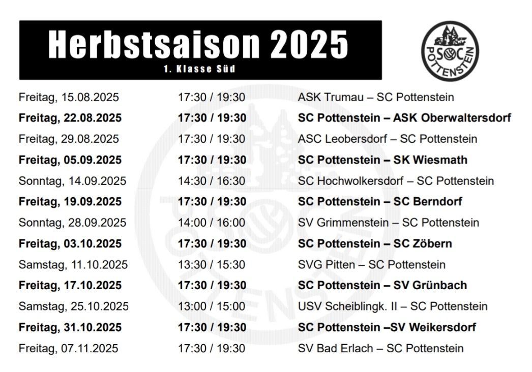 Spielplan für die Herbstsaison 2025, 1. Klasse Süd. Spiele mit Datum, Uhrzeit und gegnerischen Teams aufgelistet.