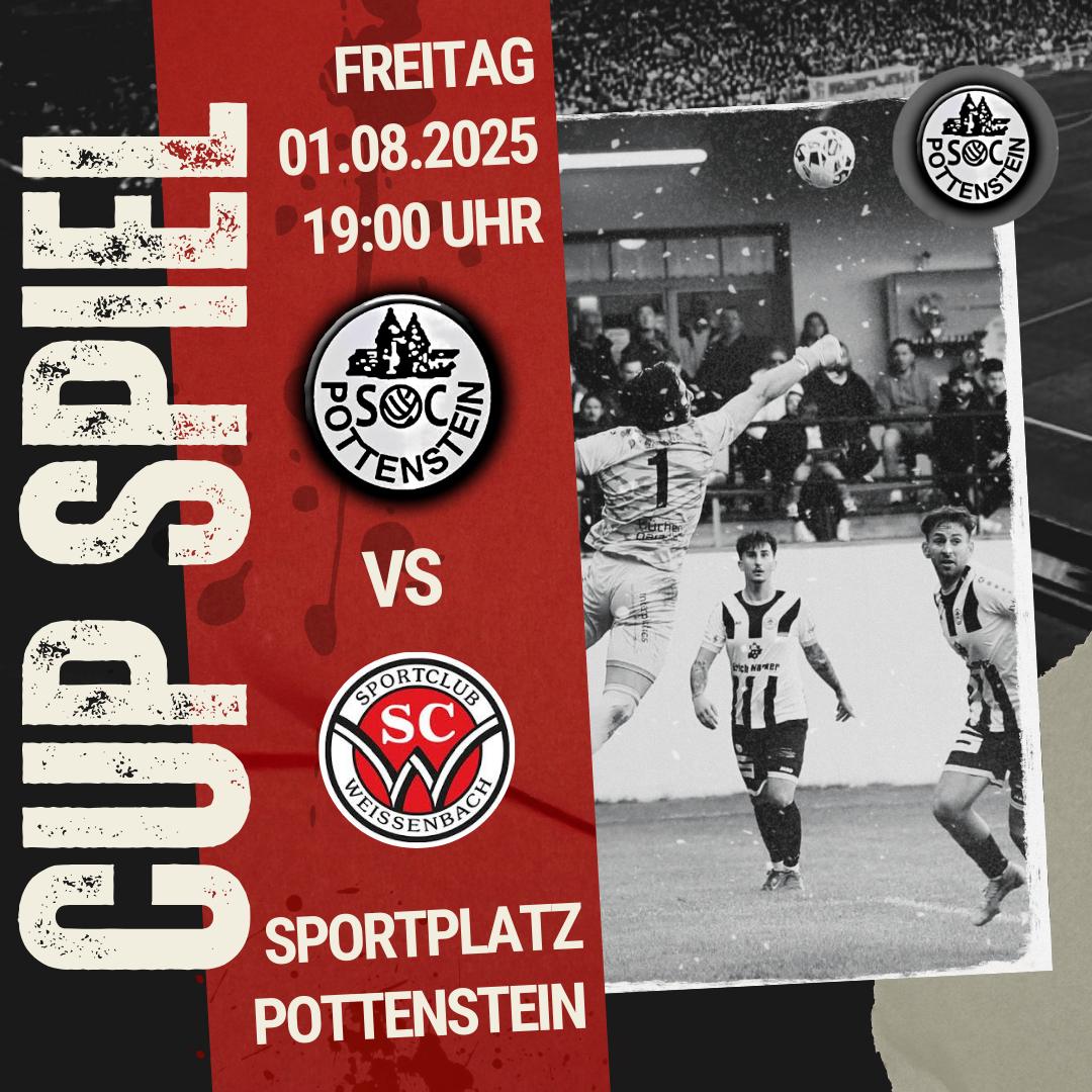 Ein Schwarz-Weiß-Bild mit einem Fußballspiel. Die Teams sind Pottenstien und Weissenbach. Das Spiel findet am 1. August 2025 um 19 Uhr statt.