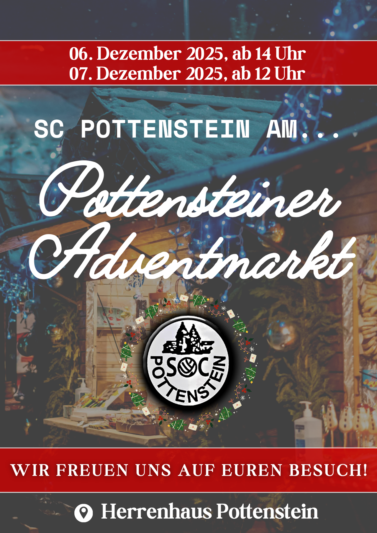 Postkarte mit dem Pottensteiner Adventmarkt, Dekorationen und einem Logo im runden Rahmen.