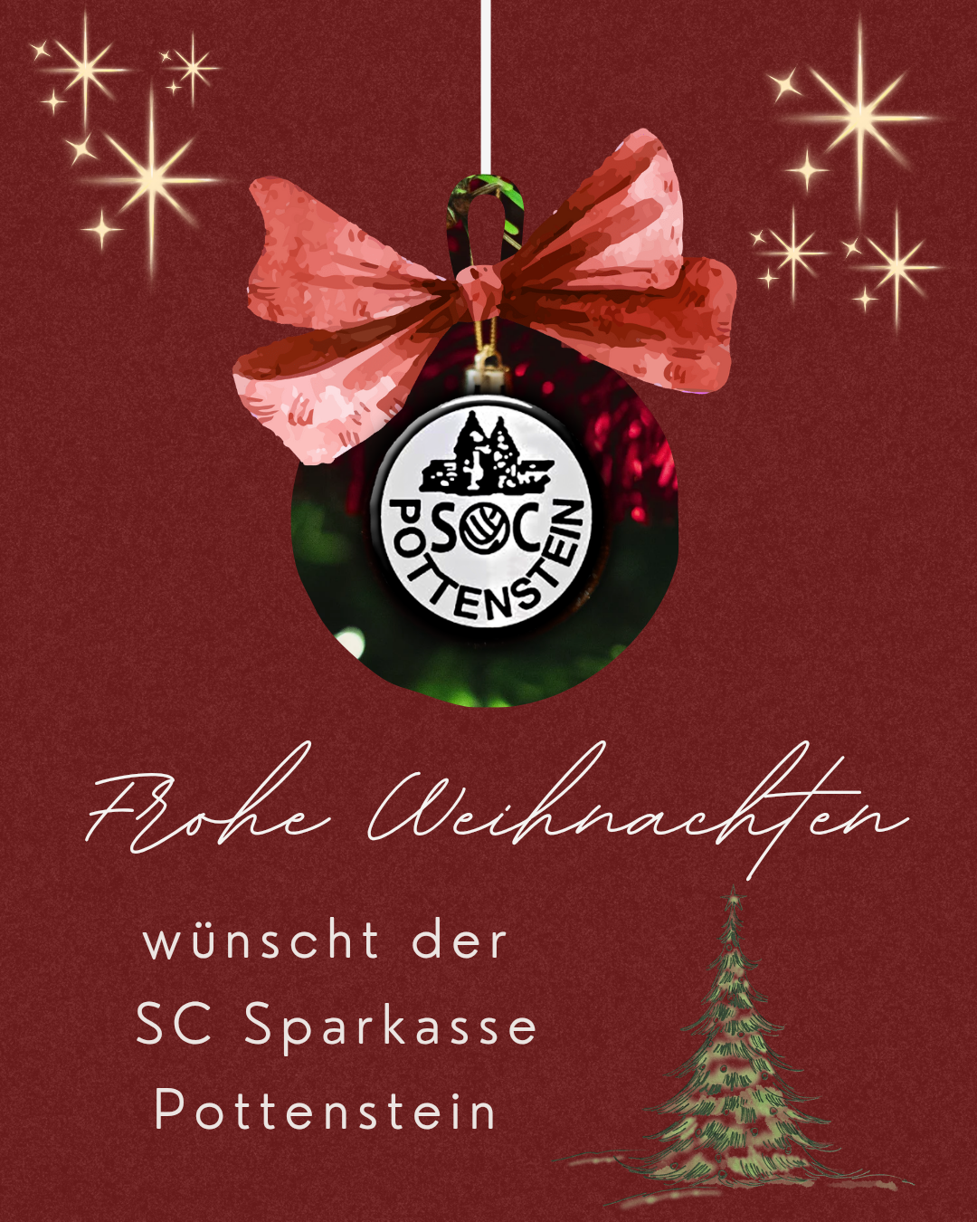 Ein Weihnachtsschmuck mit rotem Band hängt vor einem roten Hintergrund mit Sternen. Darunter steht Frohe Weihnachten von SC Sparkasse.