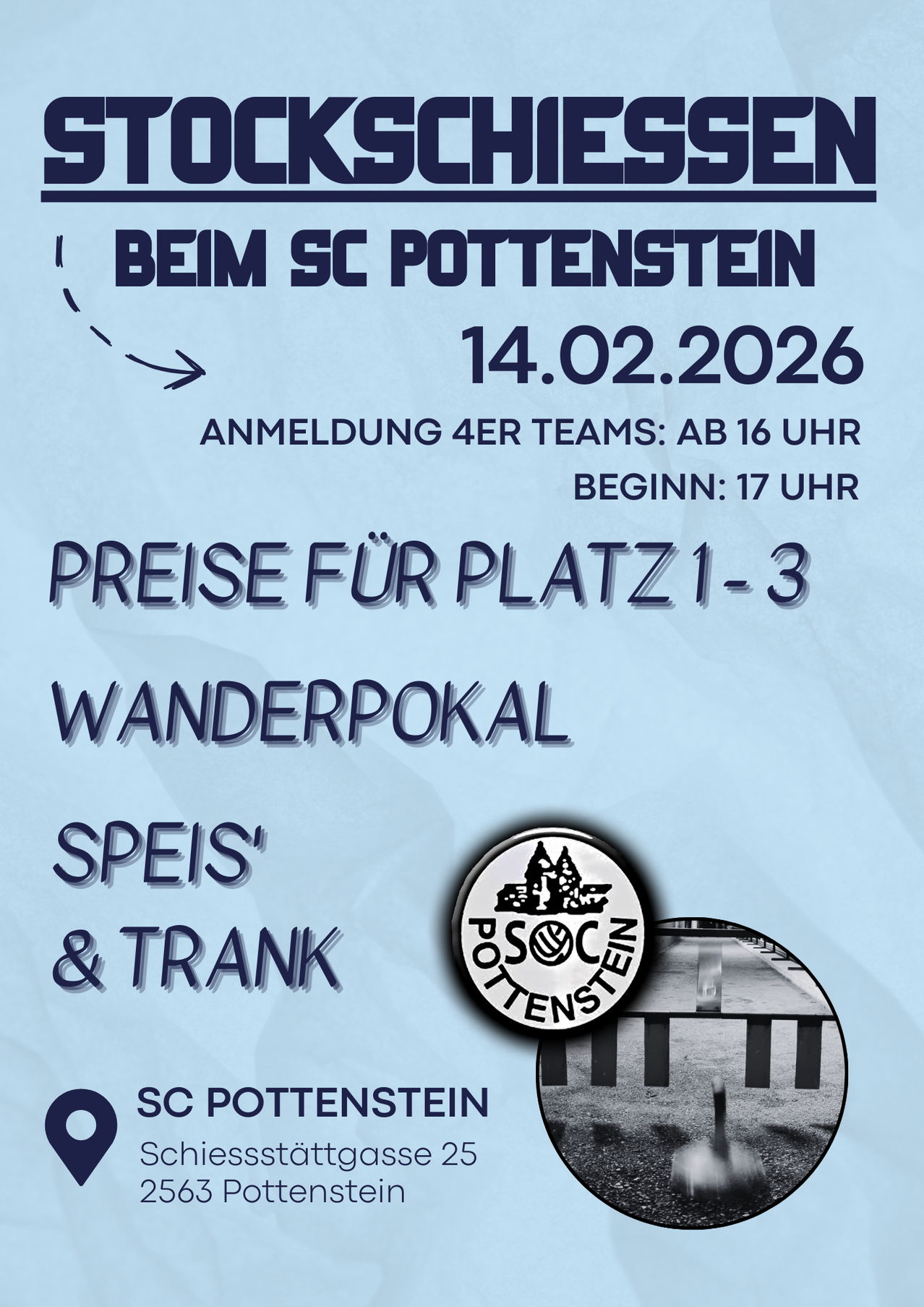 Veranstaltung beim SC Pottenstein am 14.02.2026. Anmeldung für 4er Teams ab 16 Uhr. Beginn 17 Uhr. Preise für Platz 1-3, Wanderpokal, Essen und Getränke. SC Pottenstein Logo.