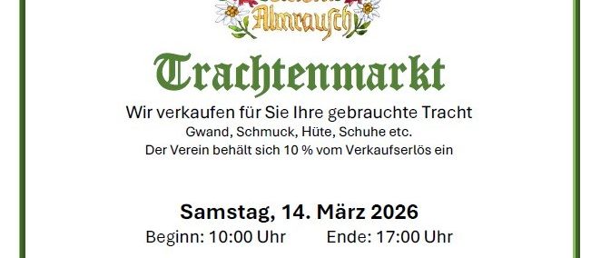 Poster bewirbt einen Tracht-Markt am 14. März 2026. Verkauf gebrauchter Trachten. Annahme von Verkaufsartikeln am 10.-12. März. Abholung nicht verkaufter Artikel am 15. März. Kontakt per E-Mail.