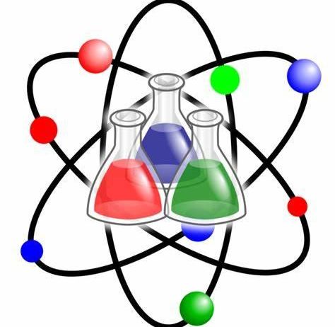 Eine Illustration eines Atoms mit einem Kern und umlaufenden Elektronen. Drei Bechergläser mit farbigen Flüssigkeiten sind um das Atom herum platziert.