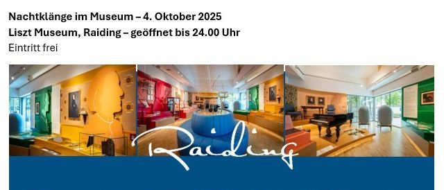 Erleben Sie das neu gestaltete Liszt Museum zum ersten Mal im Rahmen der 'Langen Nacht der Museen' in einer Atmosphäre voller Ruhe, Inspiration und Kraft. Um 21:00 Uhr präsentiert der Pianist Eduard Kutrowatz, der gemeinsam mit seinem Bruder Johannes für die Kuratierung des Museums verantwortlich zeichnet, ausgewählte Ausstellungsobjekte, 'Le Concert c'est moi.' Der Höhepunkt umfasst innovative Medienstationen und drei historische Klaviere, gefolgt von Eduard, der Werke von Franz Liszt und Franz Schubert spielt.
