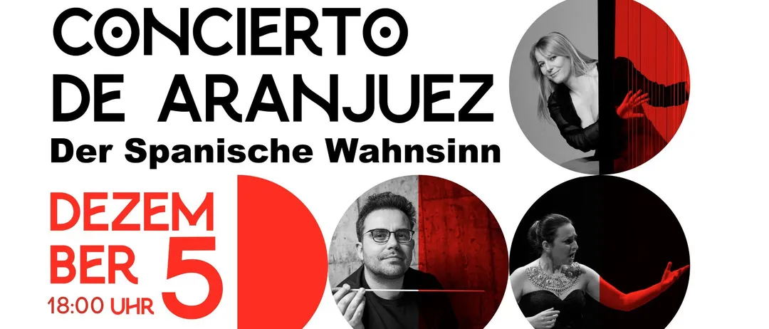 Plakat für das Aranjuez-Konzert. Spanisches Thema. Datum: 5. Dezember. Zeit: 18:00 Uhr. Musiker: Pedro Jesús Gómez, Gitarre; Floraleda Sacchi, Harfe; Silvia Di Falco, Sopran; Sandra Landini, Klavier; Irene Ces, Klarinette; Manuel Tévar, Dirigent. QR-Code für den Ticketkauf.