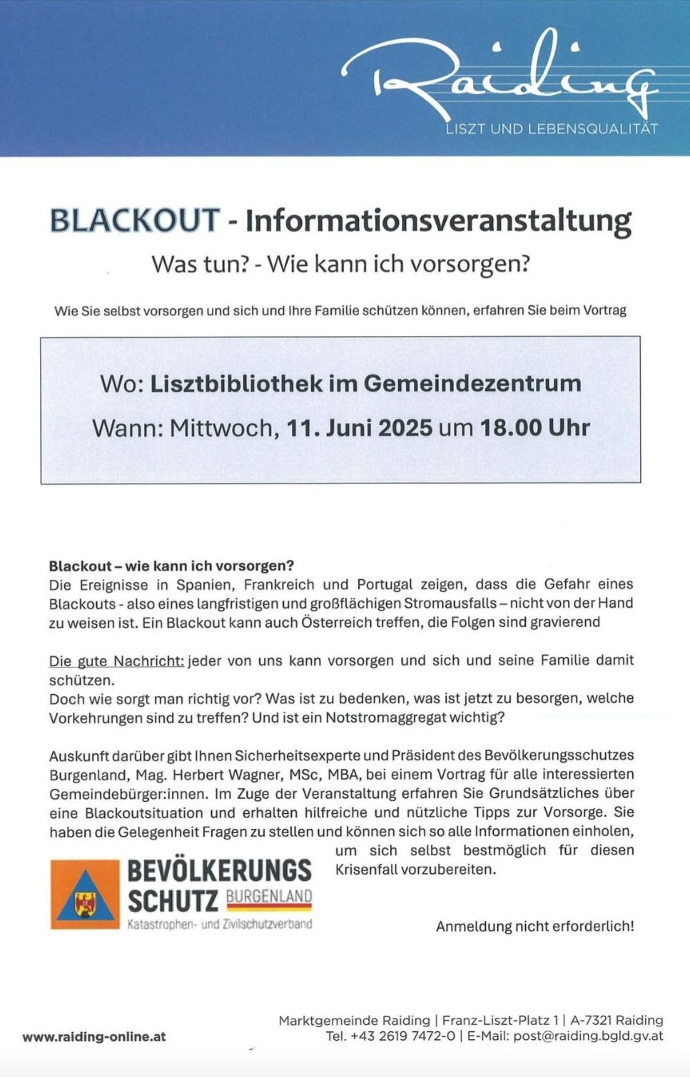 Ein Flyer lädt zu einer Blackout-Informationsveranstaltung in der örtlichen Bibliothek ein. Die Veranstaltung findet am Mittwoch, 11. Juni 2025, um 18:00 Uhr statt. Sie bietet Tipps zur Vorbereitung und zum Schutz von sich selbst und der Familie.