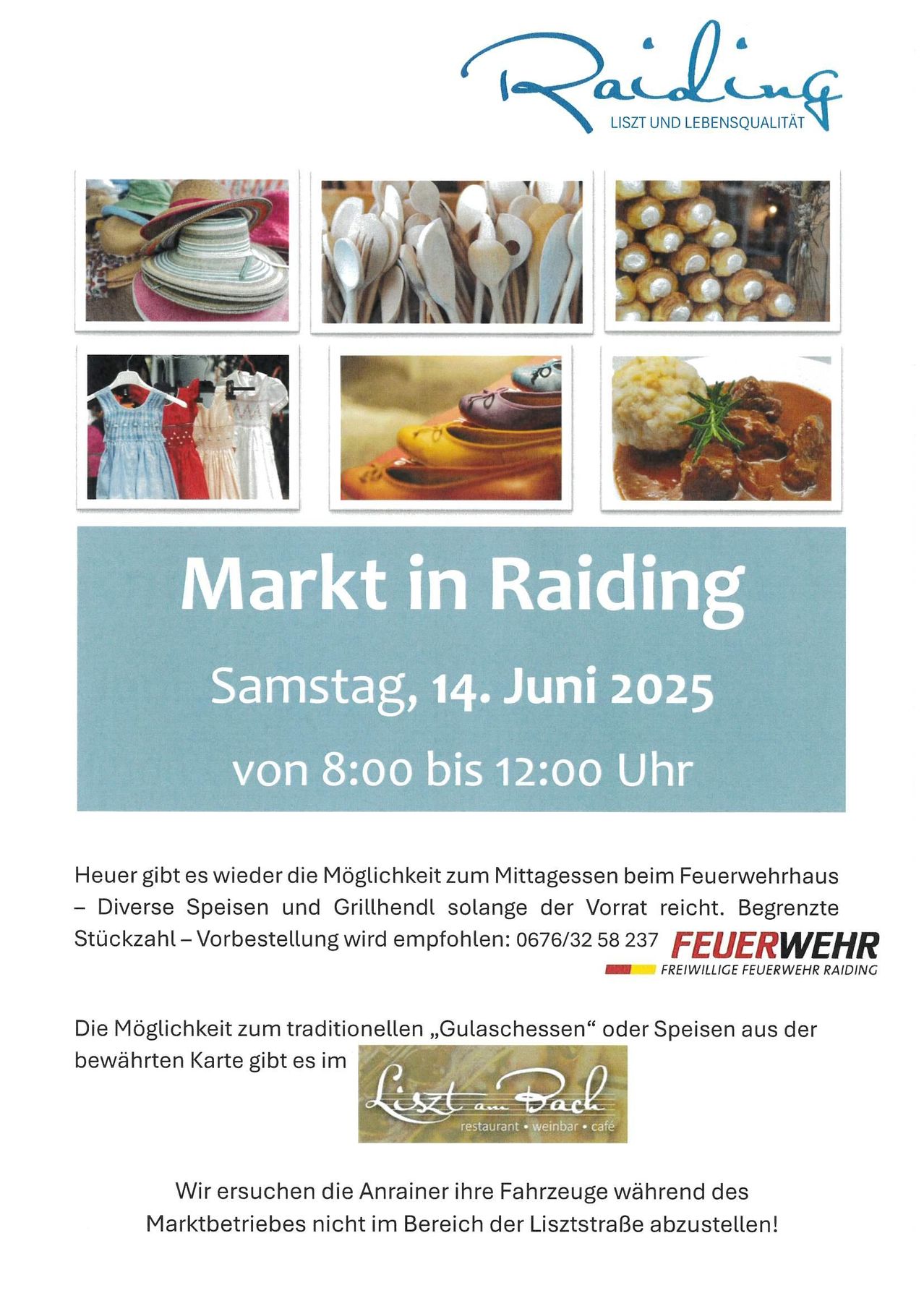 Plakat für einen Markt in Raiding am Samstag, 14. Juni 2025. Der Markt ist von 8:00 bis 12:00 Uhr geöffnet. Es gibt verschiedene Speisen und Grillgerichte. Die Teilnehmerzahl ist begrenzt. Eine Reservierung wird empfohlen.