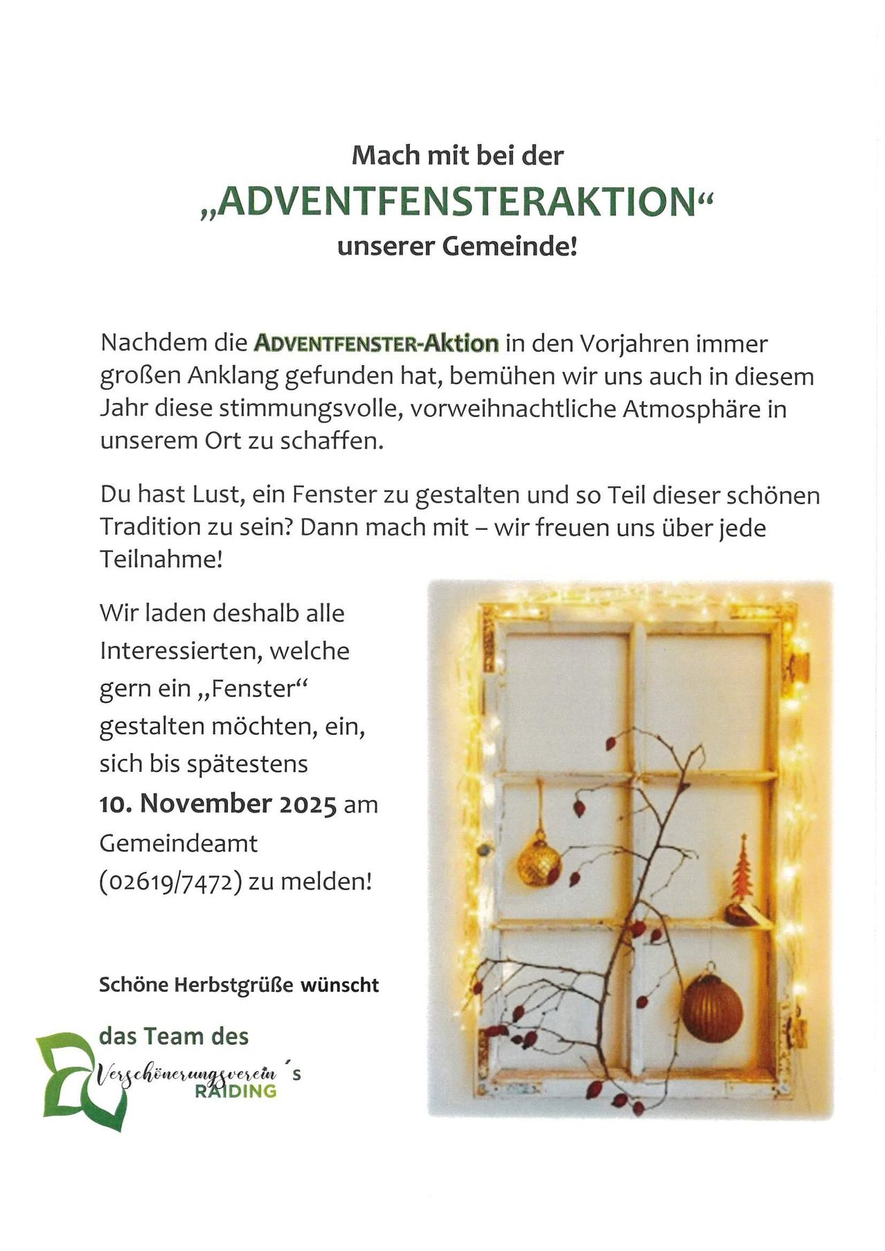 Einladung zur Teilnahme an der Adventfenster-Aktion, einer Gemeinschaftsveranstaltung zur Schaffung einer festlichen Atmosphäre mit dekorierten Fenstern. Interessierte können sich bis zum 10. November 2025 im Gemeindeamt anmelden.