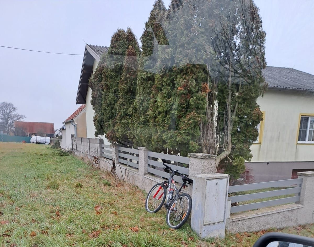 Ein Fahrrad ist auf einem Rasen neben einem Betonzaun und einem Gebäude geparkt. Hinter dem Zaun stehen Bäume und im Hintergrund befindet sich ein Haus.