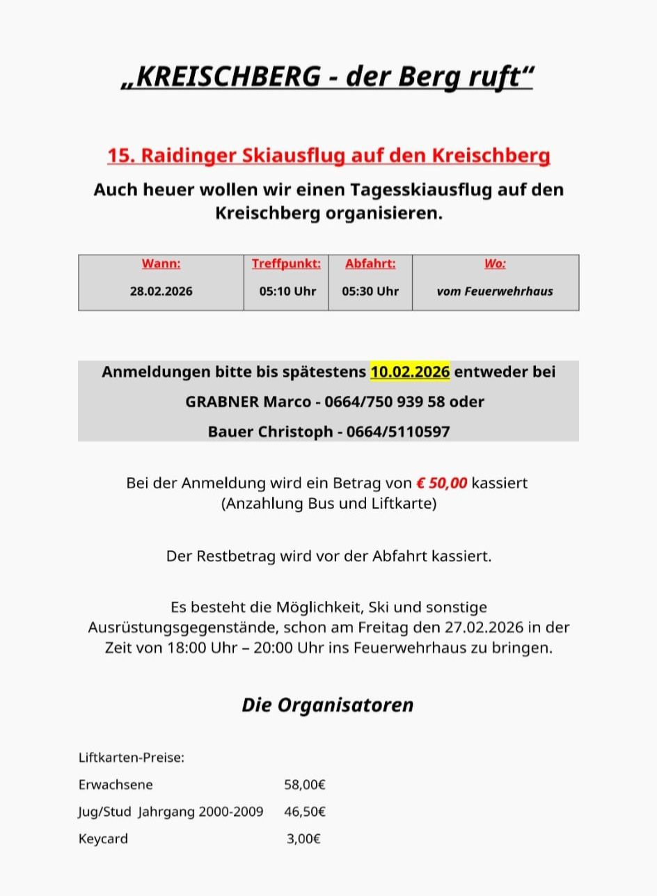 Ankündigung für einen Skiausflug auf den Kreisberg. Treffen um 05:10 Uhr, Abfahrt um 05:30 Uhr vom Feuerwehrhaus. Anmeldung bis zum 10.02.2026. Kontakt Grabner oder Bauer.